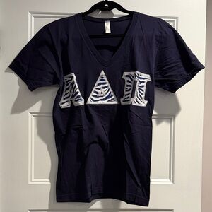 American Apparel Navy V-Neck Tee with Alpha Delta Pi stitched sorority letters